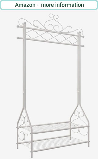Cream, metal clothes rail with 2 lower shelves.