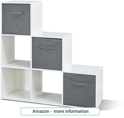 6 white storage  units in a step shape which includes 3 grey storage boxes.