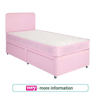 Pink divan bed with underbed storage and pink padded headboard.