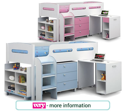 Child's cabin bed with desk, drawers and bookcase in a choice of blue/white or pink/white