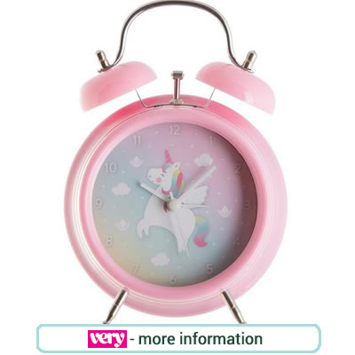 Girl's, pink, traditional alarm clock with a white unicorn on the clock face.