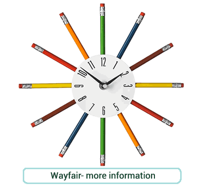 Kids wall clock, with a white clock face and a design of 12 coloured pencils protruding round the clock.