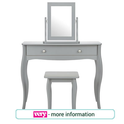 Grey, Baroque style dressing table with mirror and stool.