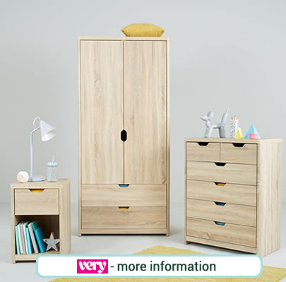 Aspen, pale oak furniture range, wardrobe, large chest of drawers and bedside cabinet.
