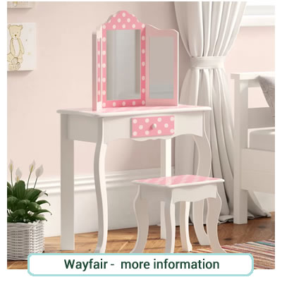 Child's white dressing table and stool with a pink polka dot pattern