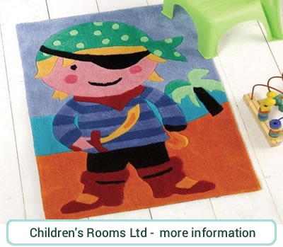 Plush, children's bedroom rug with a figure of a friendly pirate, with eyepatch and cutless.