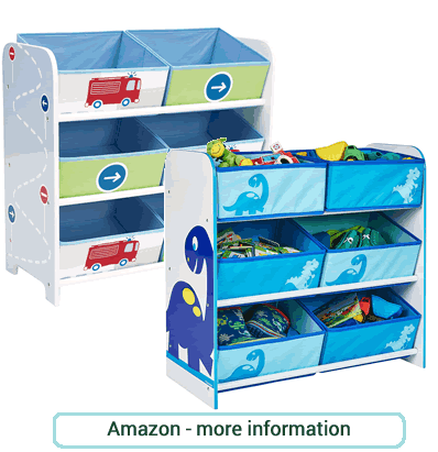 Boys 6 bin storage units. A blue dinosaur one and transport themed one.