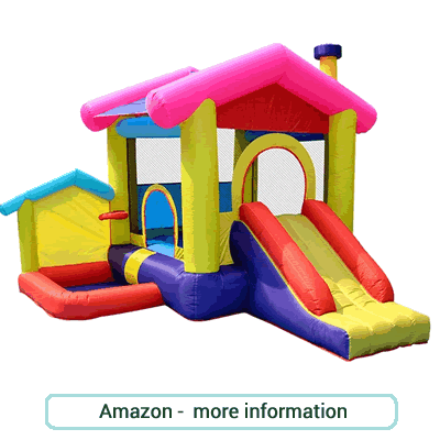 Large, colourful bouncy castle with slide and splash pool/ball pool.