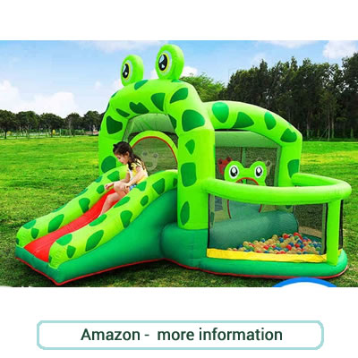 Green Frog themed, small bouncy castle for toddlers, With slide and ball pool.