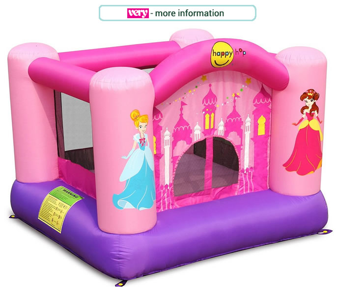 Disney Princess themed, children's small bouncy castle Two Tone pink fully inclosed body with purple base.