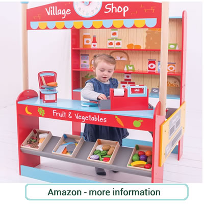Large, wooden, walk in play shop with front counter and back shelves.