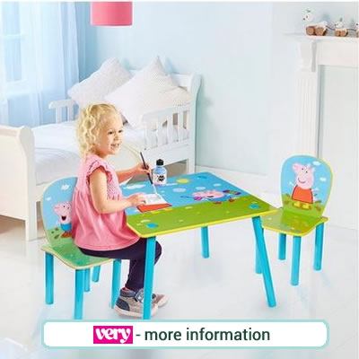 Peppa Pig themed toddler sized square table and two chairs.